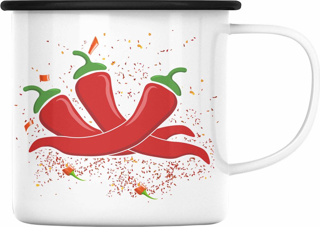 Trendation - Peperoni Grafik Geschenk Emaille Tasse Scharf Du Bist Scharf (Schwarz)