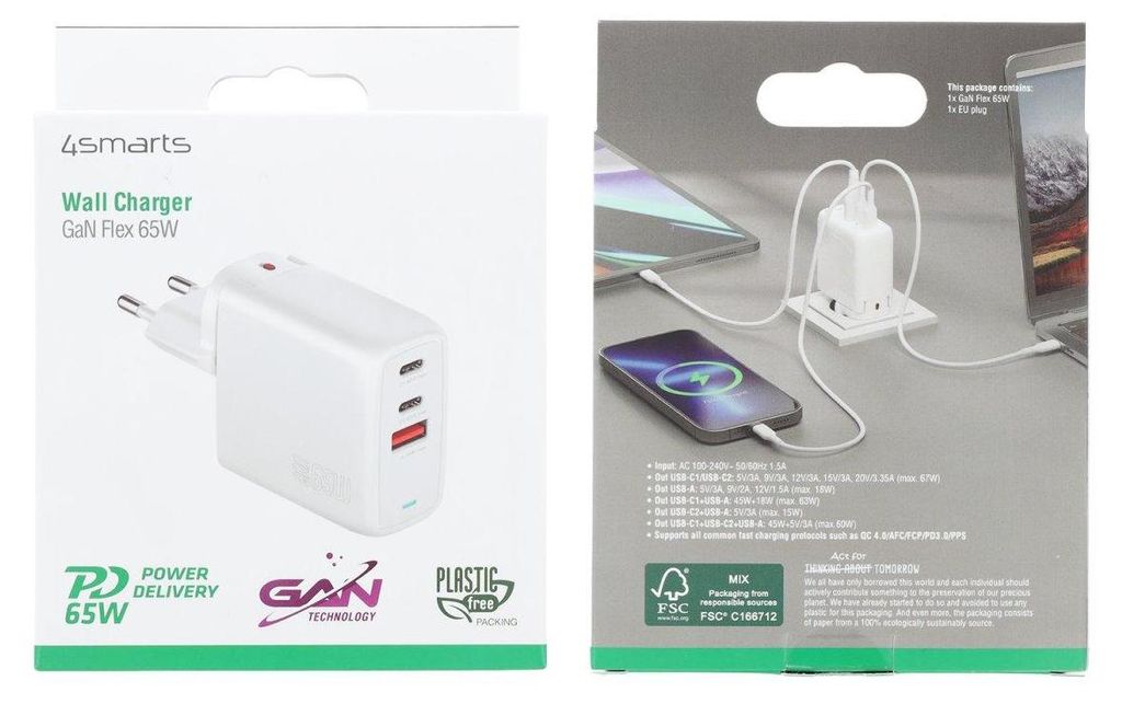4smarts Ladegert GaN Flex 65W 2 USB-C+1 USB-A. wei Produktbild 