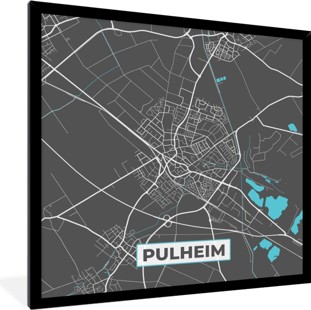 MuchoWow Gerahmtes Poster Stadtplan - Karte - Pulheim - Blau - Deutschland - Karte 40x40 cm - Poster mit Schwarzem Bilderrahmen Wandposter Rahmen...
