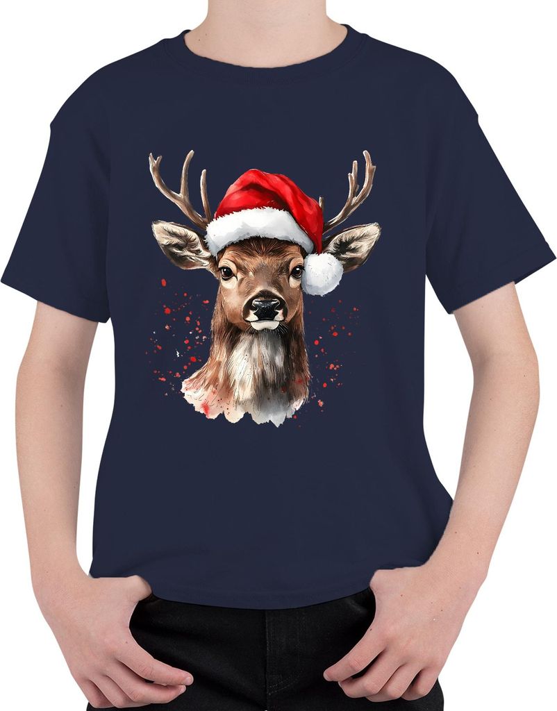 Rentier Santa Hut Weihnachten Aquarell Splatter Geschenk Retro Uni Kinder T-Shirt, Navy, 128