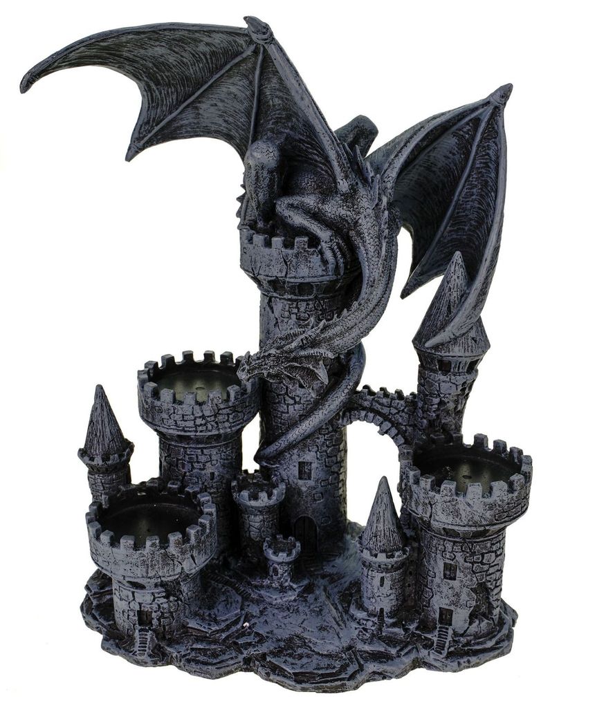 Drachen Kerzenhalter XXL Majestätischer 3er Teelichthalter mit Burgturm Geschenk