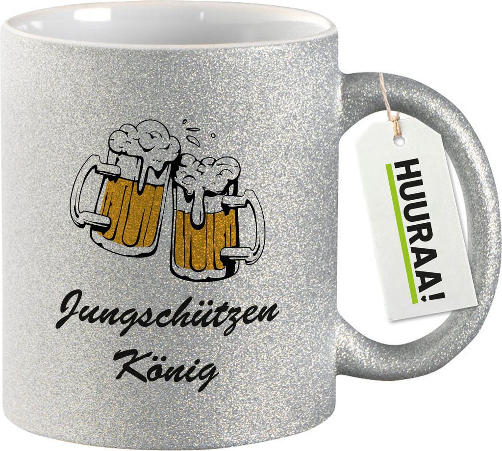 Huuraa Glitzertasse Jungschützenkönig Schützenfest 330ml Silber Keramik Kaffeebecher Geschenkidee
