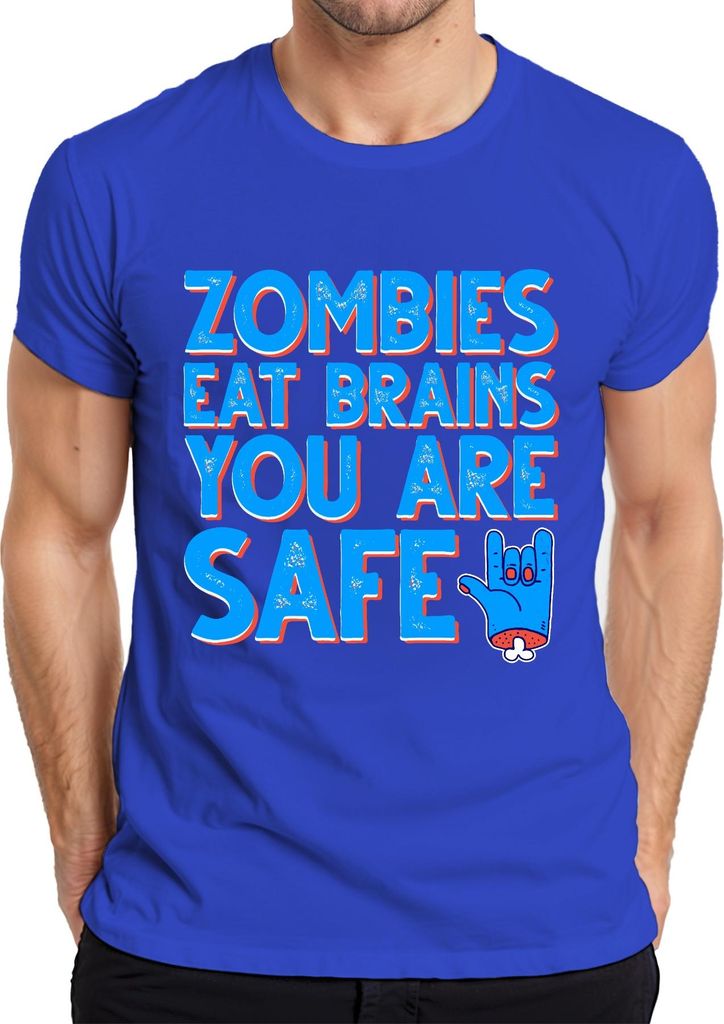 ZOMBIES EAT BRAINS YOU ARE SAFE Halloween Zombie Lustig Horror Herren T-Shirt, Blau, M