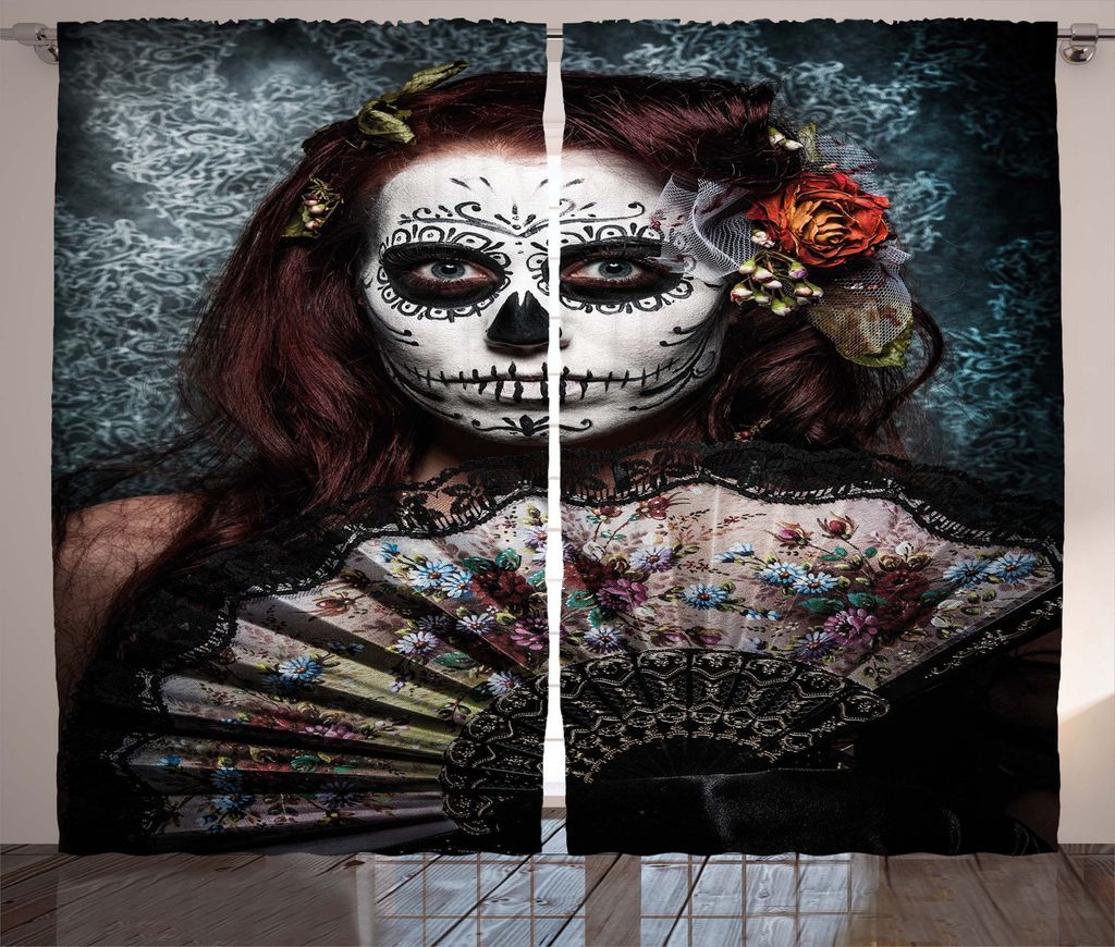 ABAKUHAUS Festlich Rustikaler Gardine, Schädel-Maske Scary, Schlafzimmer Kräuselband Vorhang mit Schlaufen und Haken, 280 x 245 cm, Kadett Blau K...