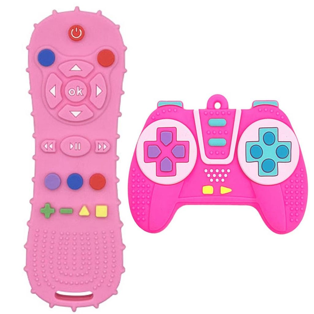 ASKSA Baby Fernbedienung Spielzeug Beissring,100% Silikon Beissspielzeug, lebensechtes Spielzeug-Set fuer Jungen & Maedchen, BPA-frei, 2 Stueck, Rosa