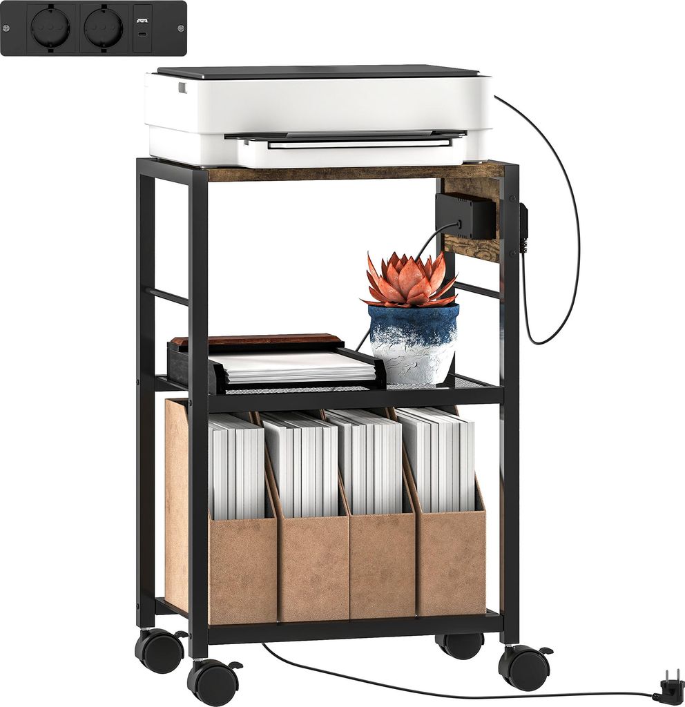 Druckerständer Druckeregal mit Rollen, Steckdosen, USB- und USB-C-Anschlüsse bis 40 kg Rustikalbraun