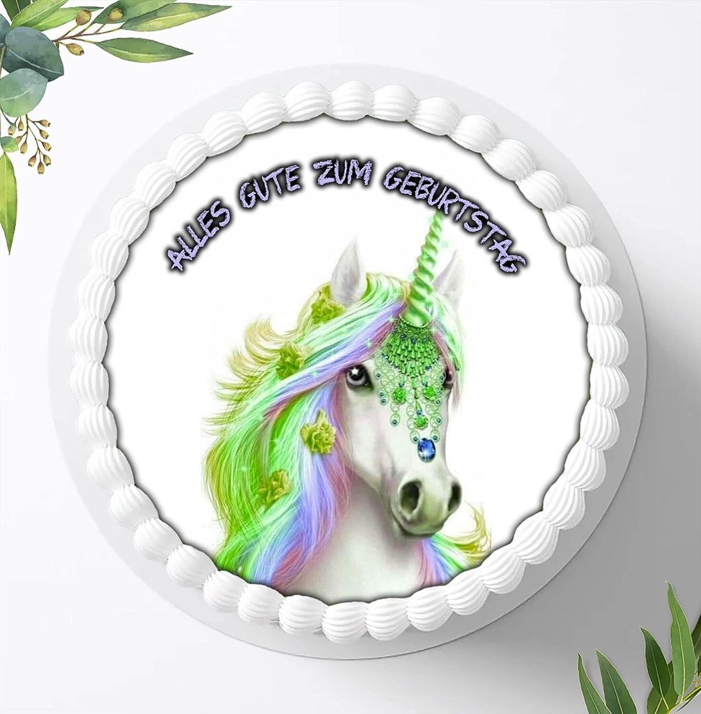 Für die Geburtstags Torte ein Tortenaufleger, Zuckerbild mit dem Motiv: Einhörner, Essbares Foto für Torten, Fondant, Ø 20cm, 0793z