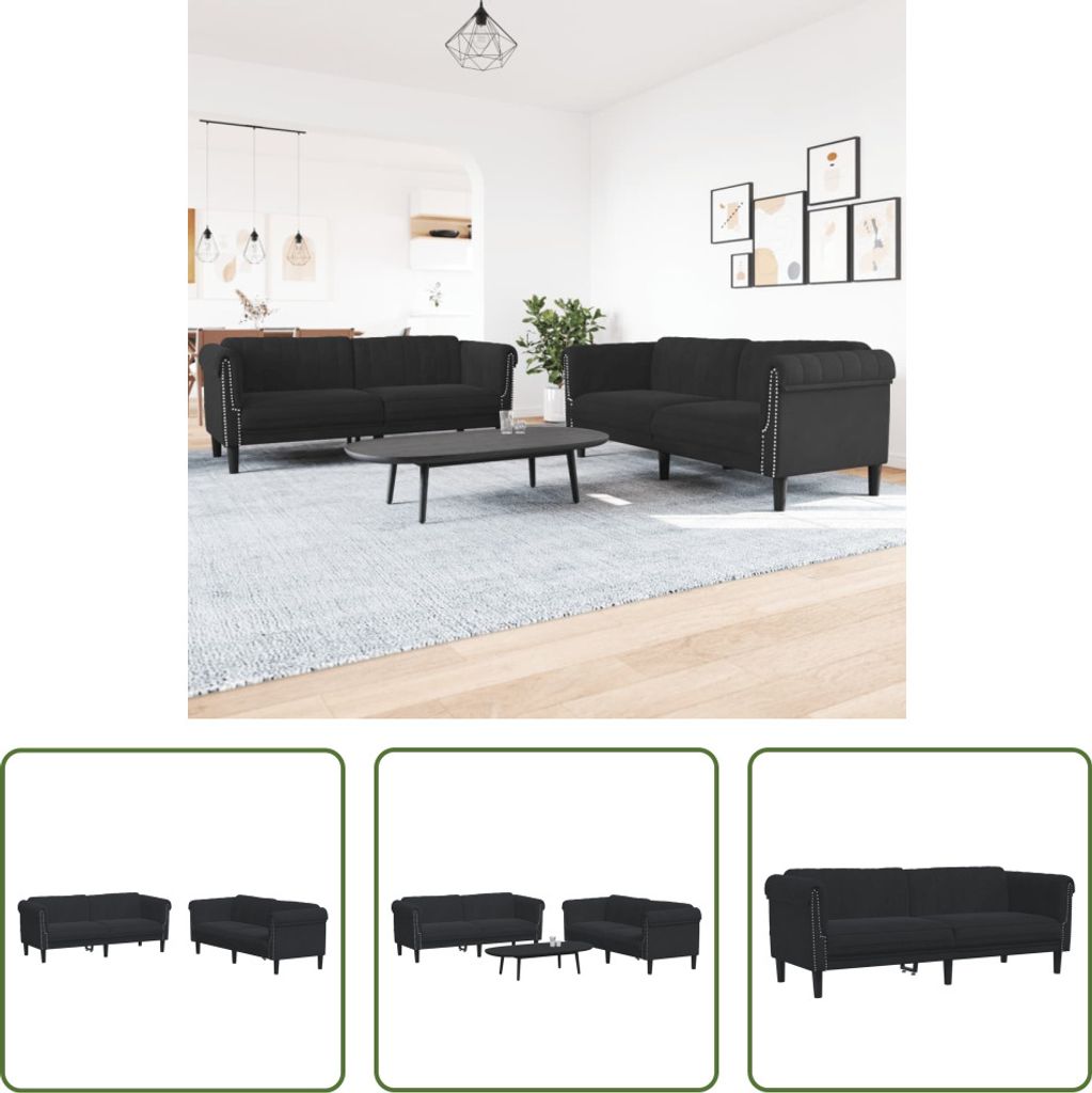 The Living Store 2-tlg. Sofagarnitur Schwarz Samt