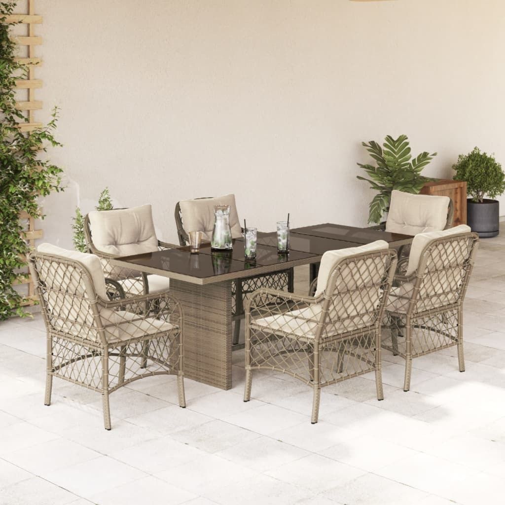 "2026 Promotion" 7-tlg. Garten-Essgruppe - mit Tisch und Stühlen - mit Kissen - Beige Poly Rattan - Gartenmöbelset CC11700