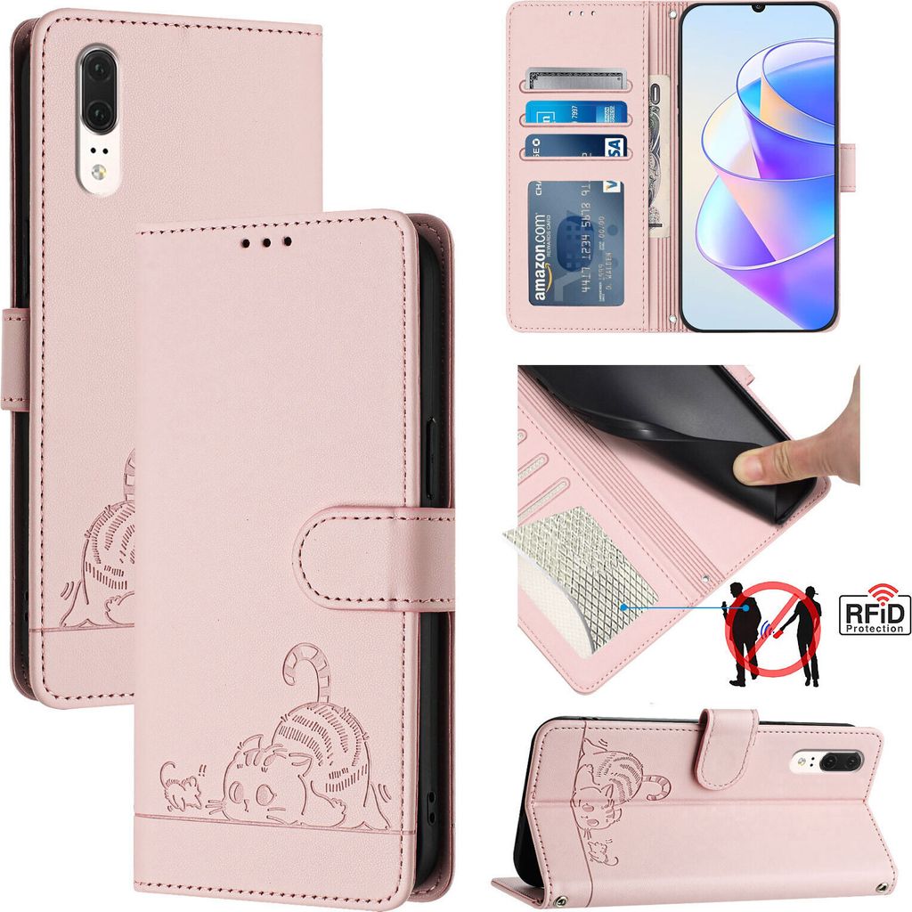 Leder Hülle für Huawei P20 Süße Katze Flip Case Brieftasche Schutzhülle mit Standfunktion Grün