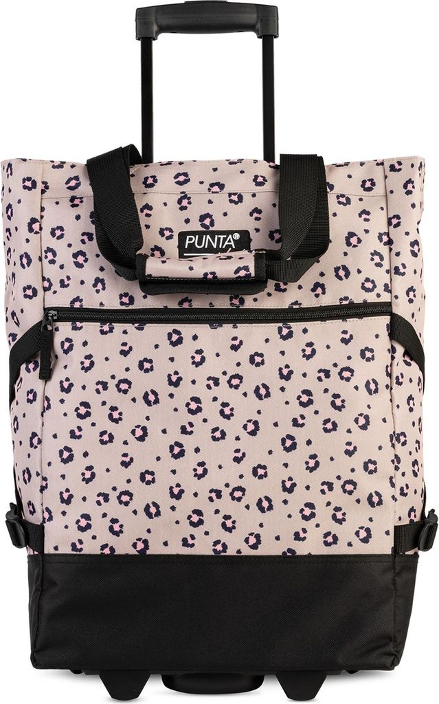 A shopping roller bag with a leopard print pattern and wheels.