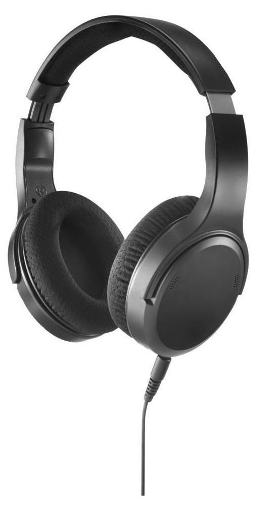 A black pair of over-ear headphones with a coiled cable is shown against a white background.