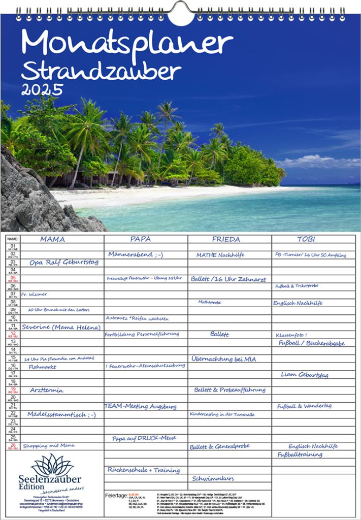 Strandzauber Planer Wandplaner Familienplaner 4 Spaltenplaner DIN A3 Kalender für 2025 Urlaub Strand und Strände - Seelenzauber