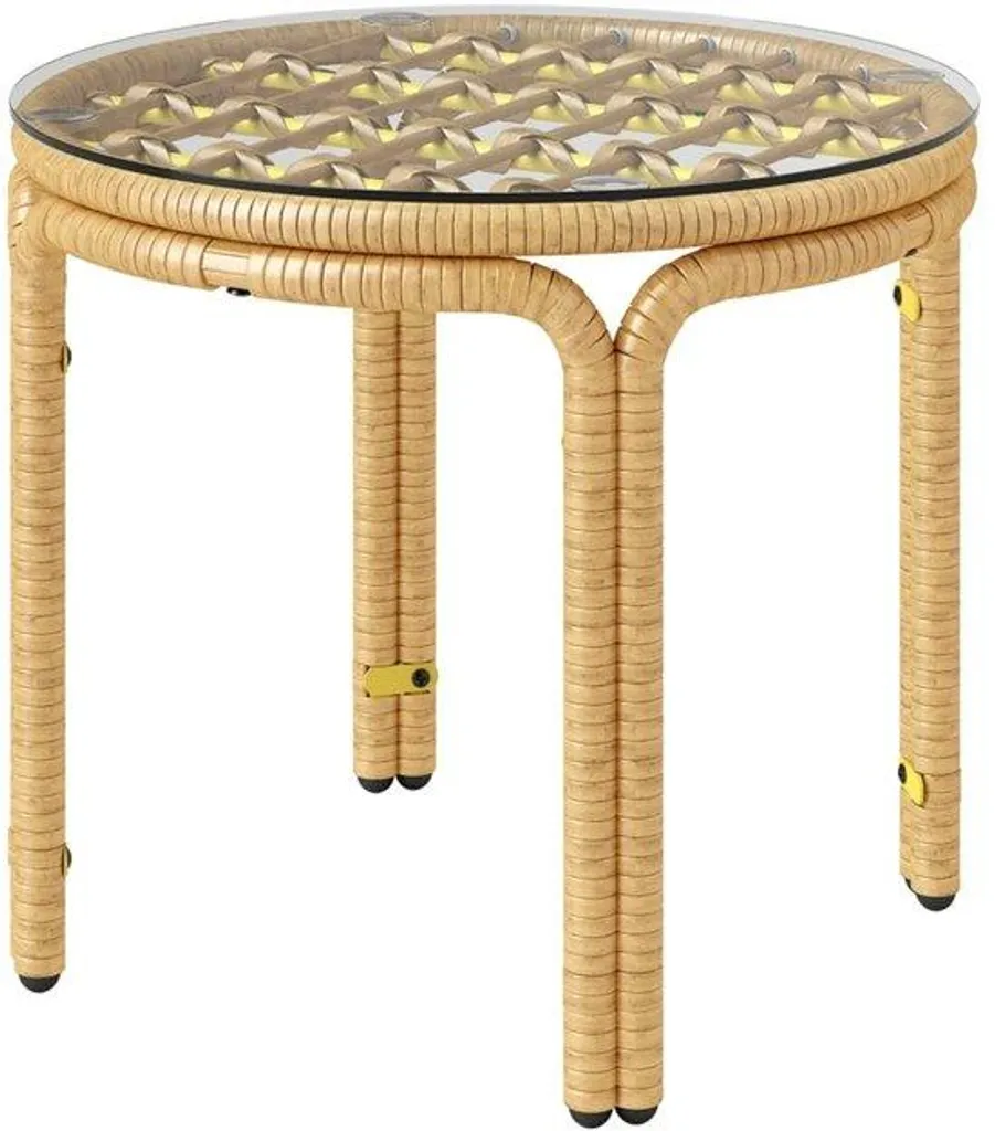 Guéridon de jardin rond en rotin jaune 50cm, mobilier de balcon coloré
