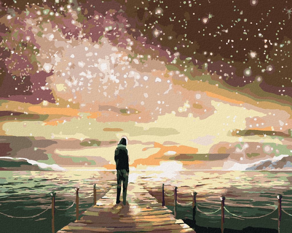 Zuty - Malen nach Zahlen - MANN AUF DER SEEBRÜCKE UNTER LEUCHTENDEM HIMMEL, 40x50 cm, ohne Keilrahmen