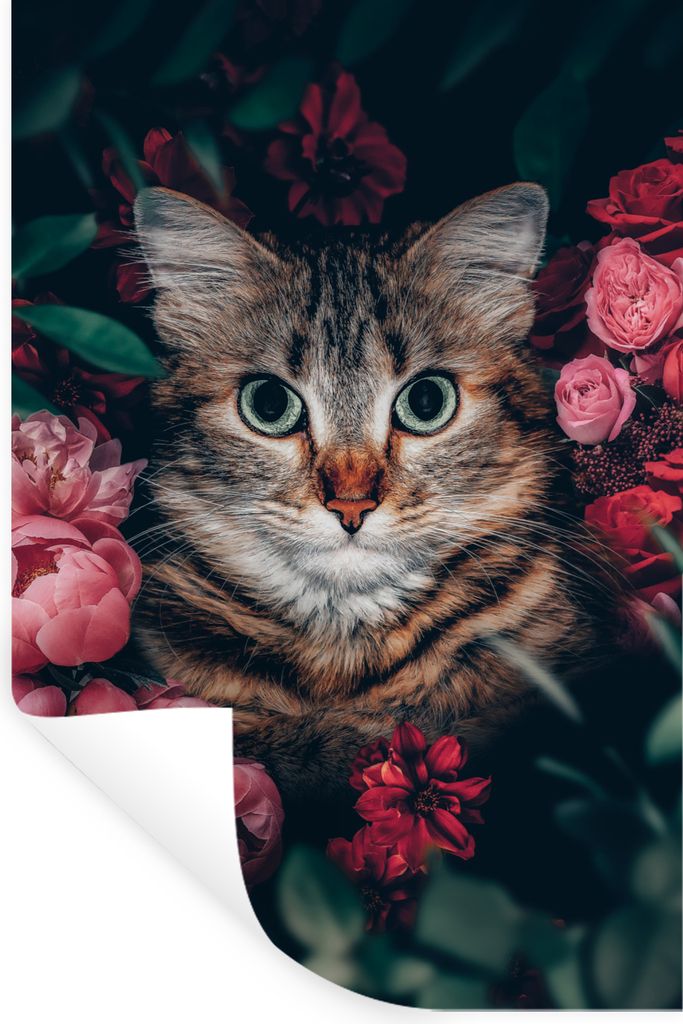 MuchoWow Wandtattoo Wandsticker Wandaufkleber Katze - Blumen - Blätter - Botanisch 60x90 cm Selbstklebend und Repositionierbar - Sticker - Dekor...