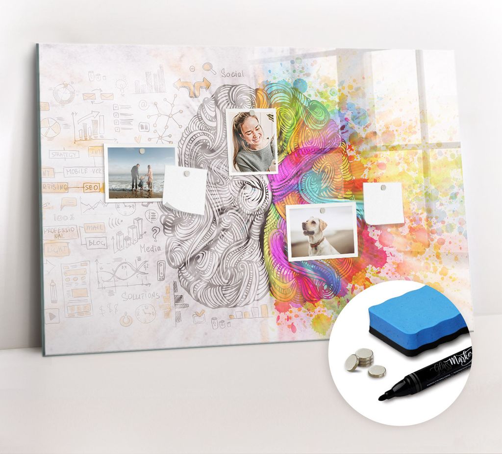 Magnetpinnwand Memoboard - Zubehörsatz - Schwarzer Marker + Schwamm + Magnete - 90 x 60 cm - Gehirnabstraktion