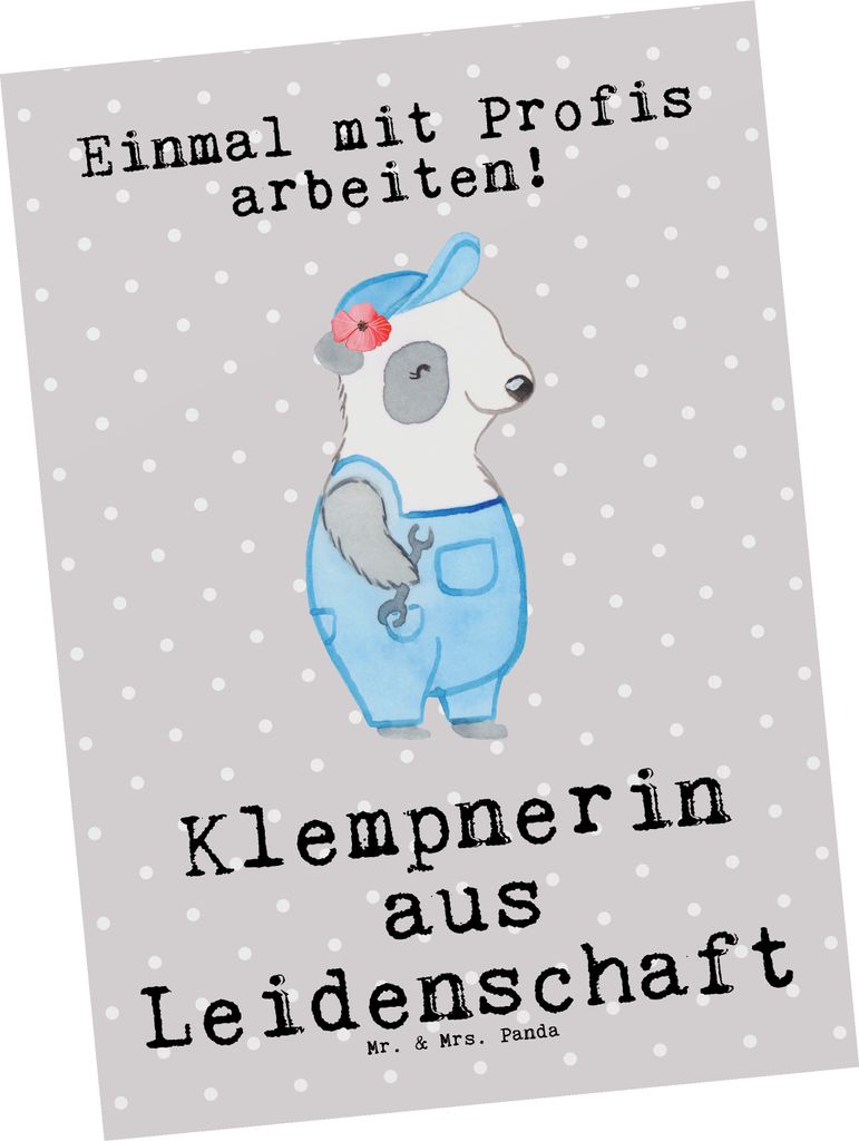 Mr. & Mrs. Panda Postkarte Klempnerin Leidenschaft - Grau Pastell - Geschenk, Ansichtskarten, Lustig, Grußkarte, Gesellenprüfung, Ansichtskarte, ...