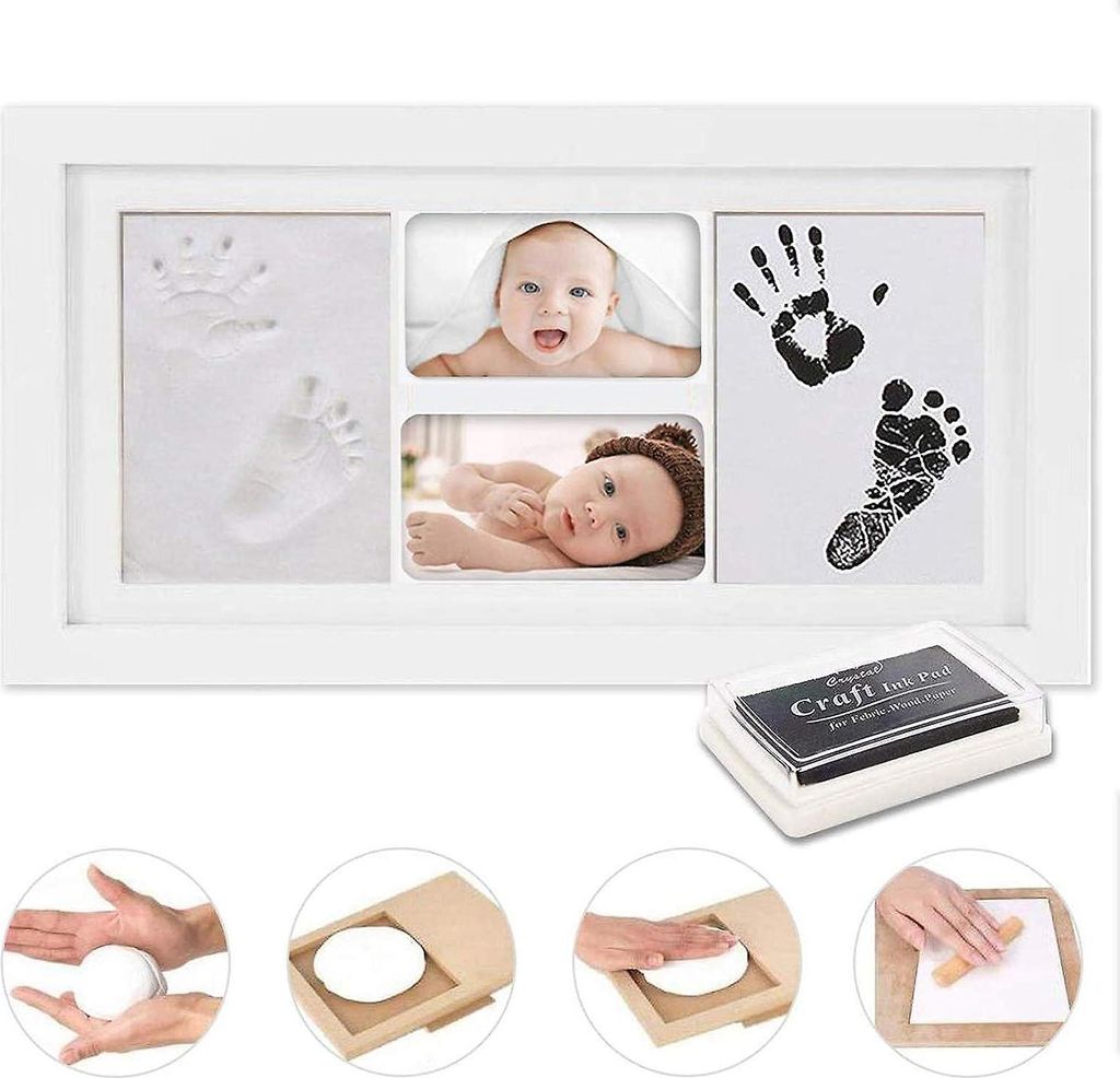 Wunderschönes Baby-Fuß- und Handabdruck-Set, Erinnerungsstück im weißen Zierrahmen, ungiftige Tinte, Holzdekoration, sicheres Acrylglas, fabelh...