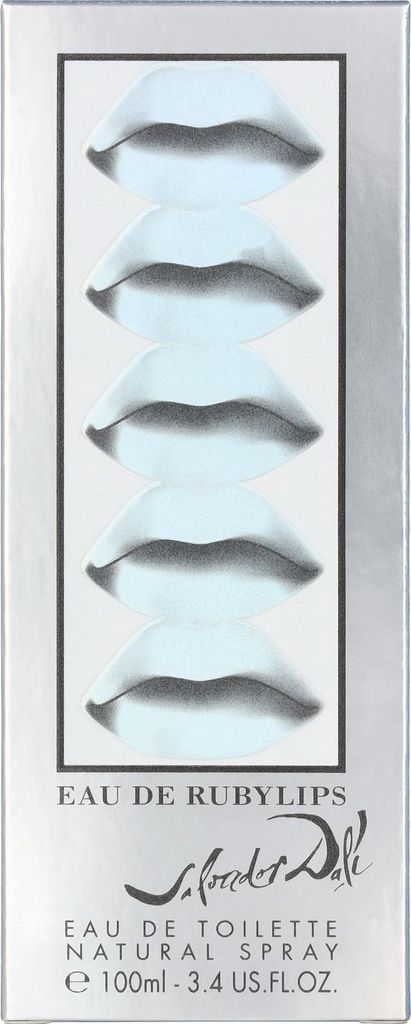 A product box for Salvador Dali Eau De Ruby Lips perfume, featuring a stack of stylized lips.
