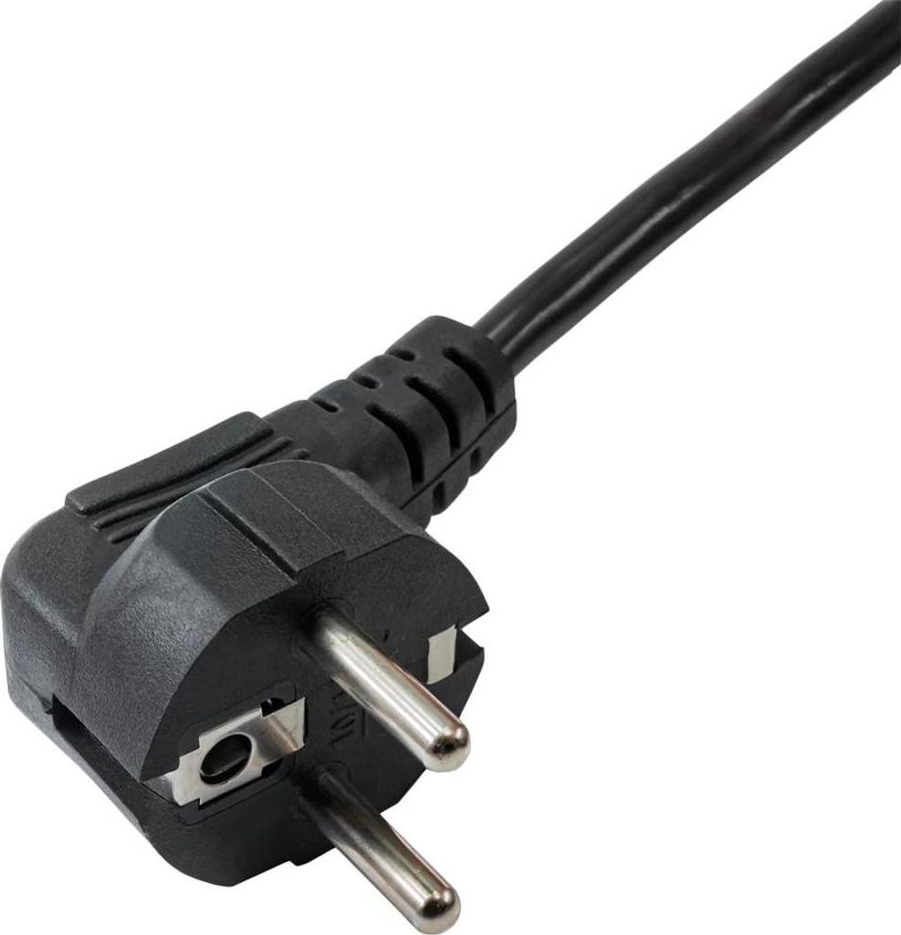 A close-up shot of a black power cord with a European-style plug.