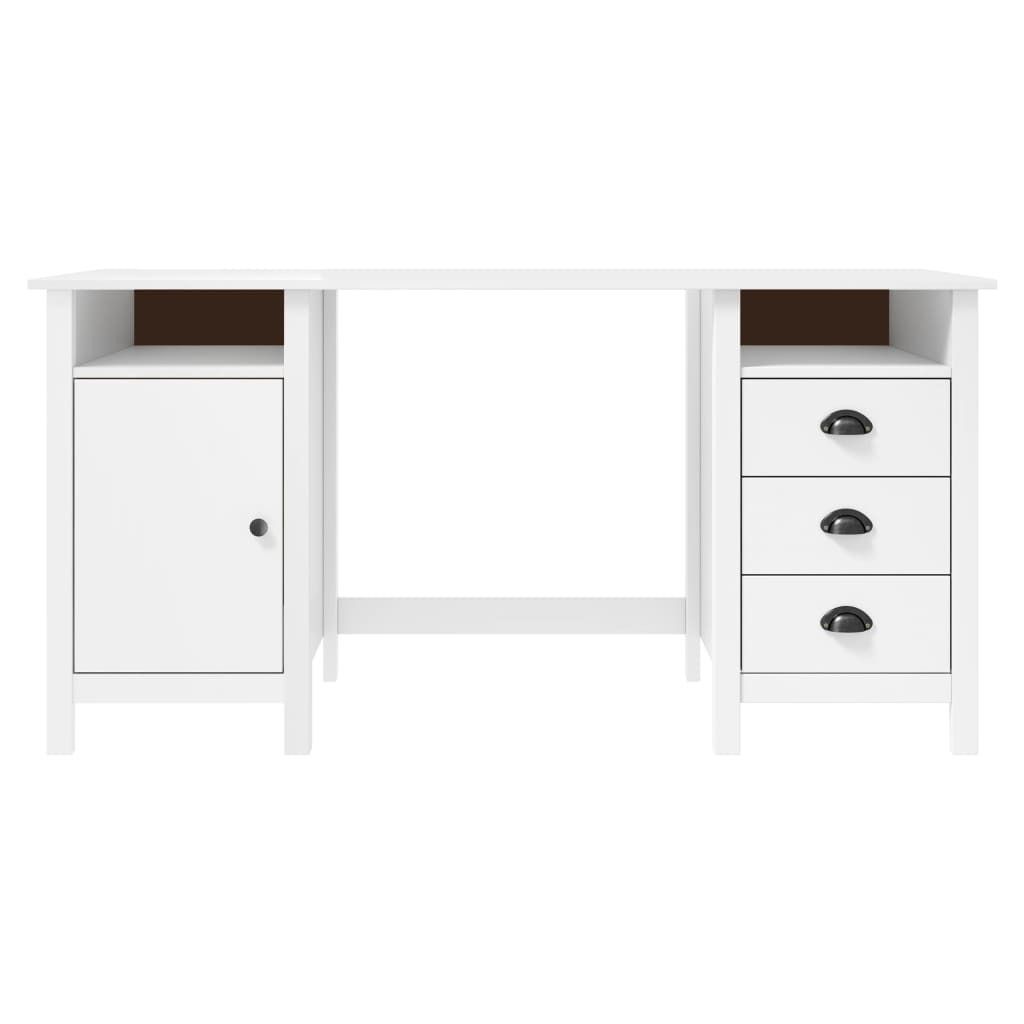 A white wooden desk against a white background.