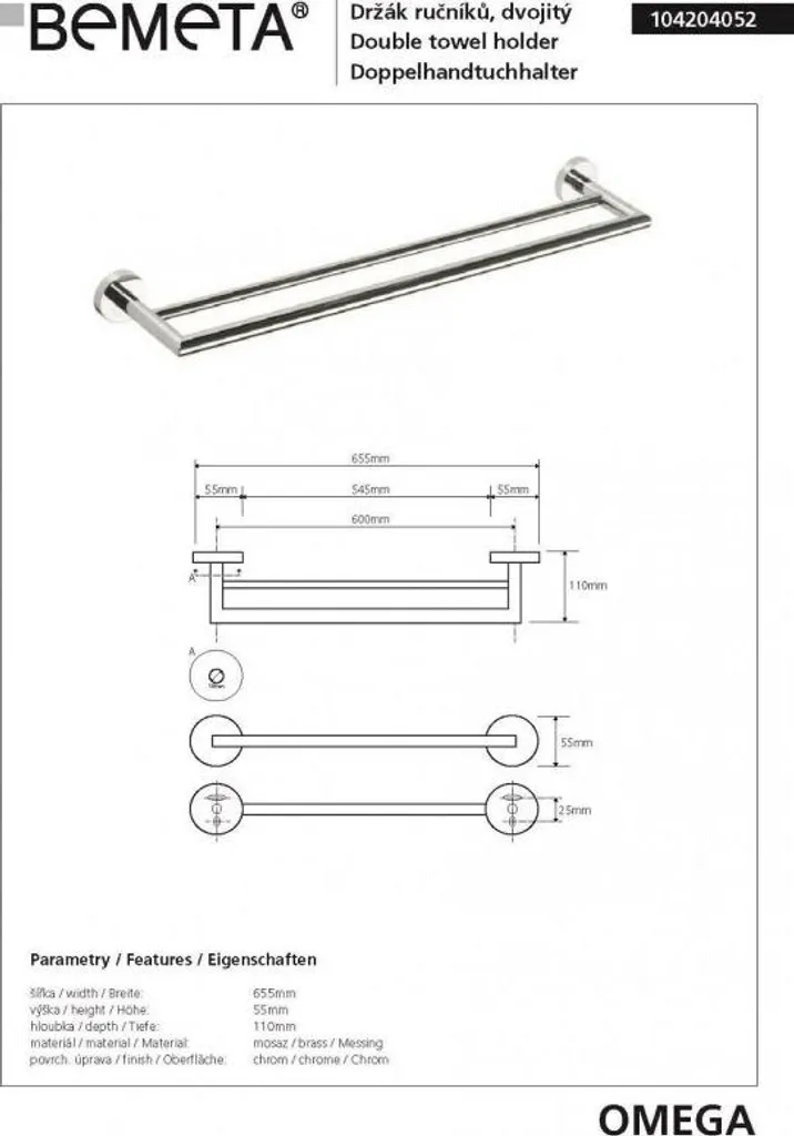 Porte-serviette en laiton chromé double barre OMEGA