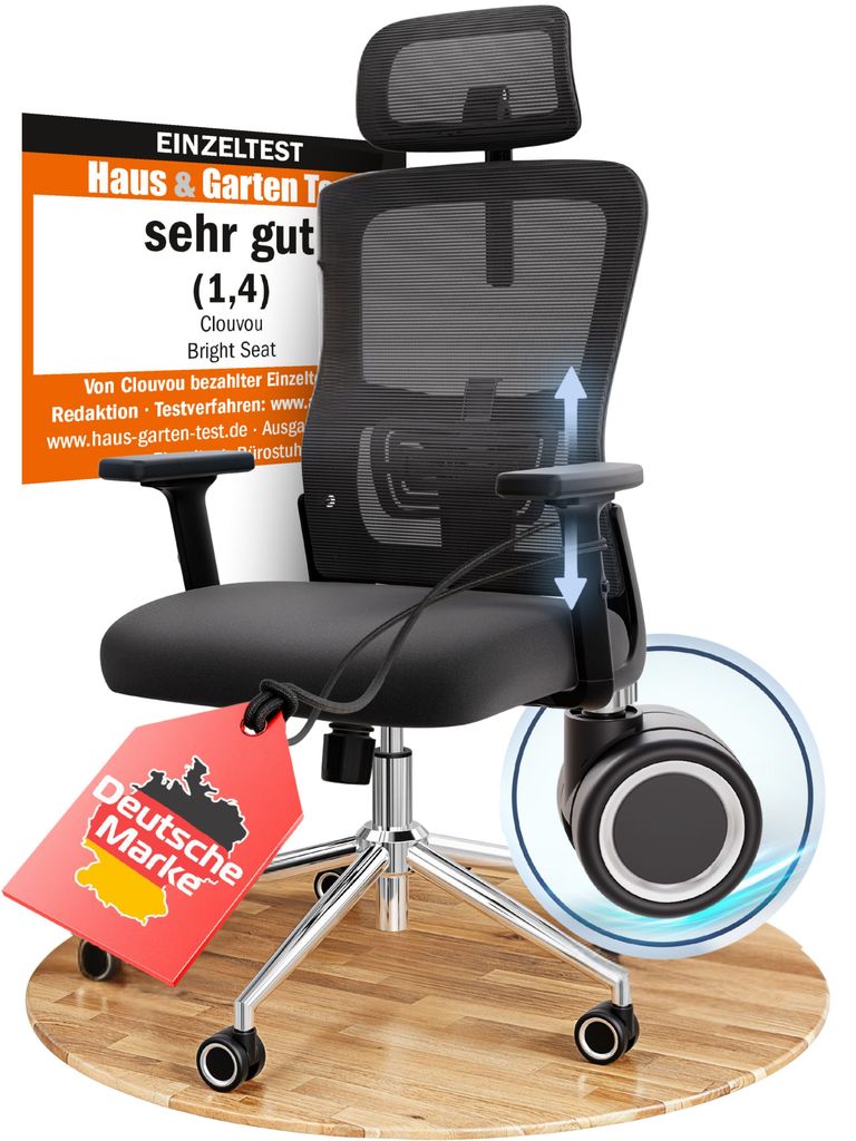 A black office chair is shown on a wooden floor, with a marketing graphic in the background and a red tag attached to the chair.
