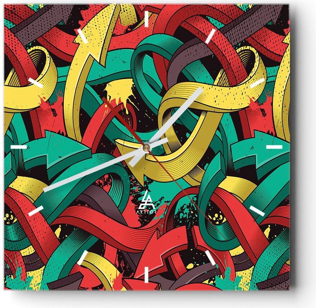 Wanduhr - Quadrat - Glasuhr - Abstraktion modern - 30x30cm - Schleichendes Uhrwerk - Lautlos - zum Aufhängen bereit - Dekoration Modern - Wanddeko...