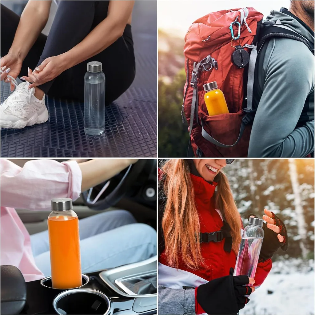 Zukro Bottiglie d'acqua in vetro con coperchio, 510 ml, confezione da 10 bottiglie riutilizzabili per succhi di frutta, con tappo ermetico in acciaio inox, per sprechi, trasparente, a prova di perdite