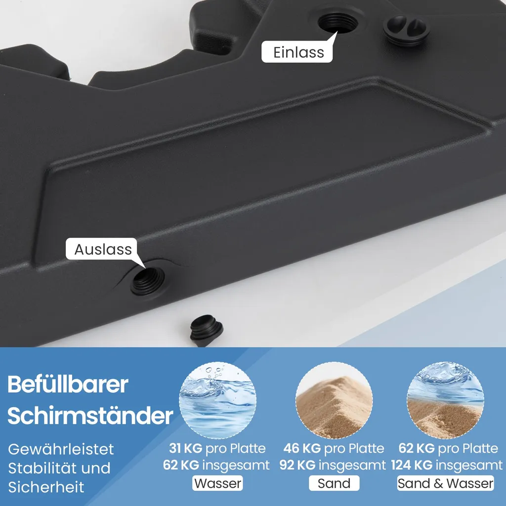 Socle de parasol suspendu lestable 124 kg haute résistance pour extérieur