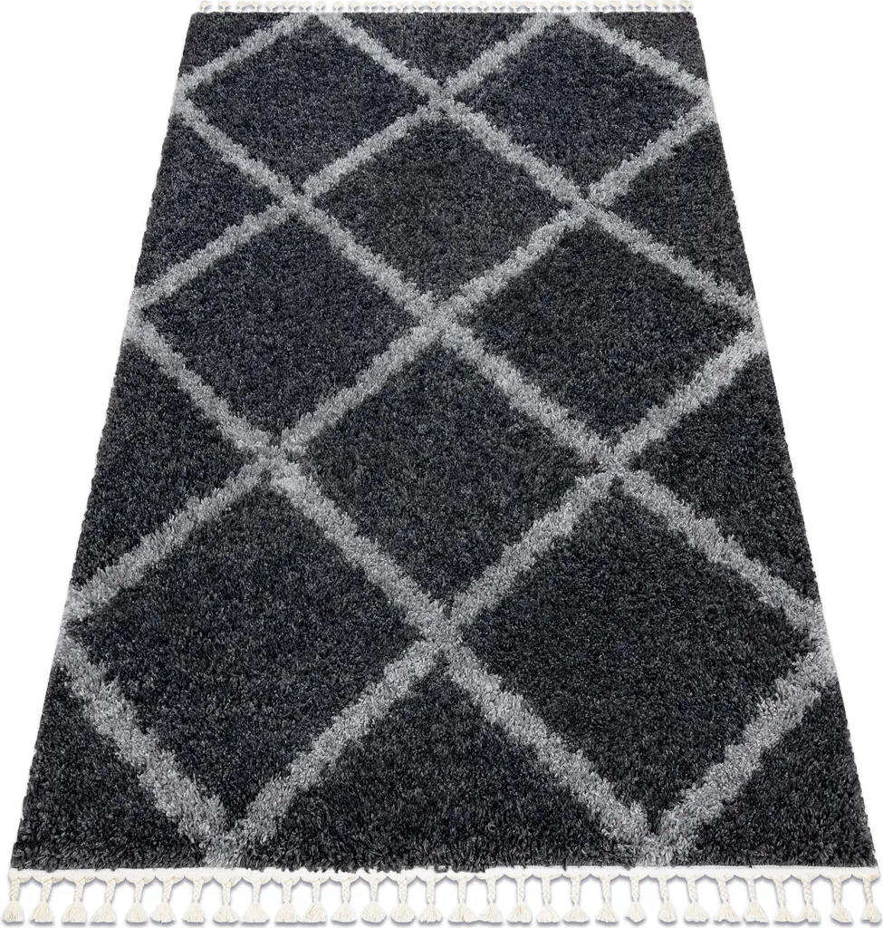 Tapis de Salon Shaggy Gris Style Berbère à Motifs Géométriques 120x170