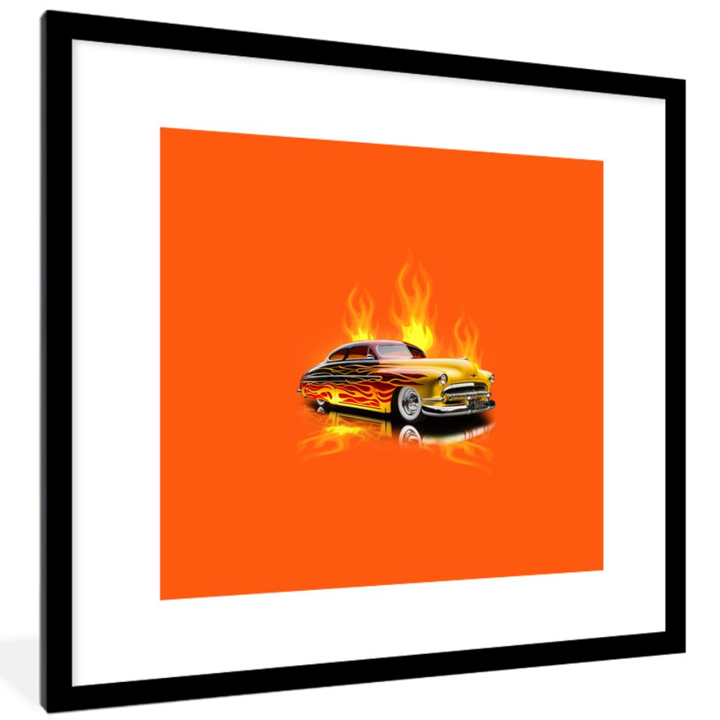 MuchoWow Gerahmtes Poster Auto - Flammen - Orange - Feuer - Vintage 40x40 cm - Poster mit Schwarzem Bilderrahmen Wandposter Rahmen Foto Bilder - ...