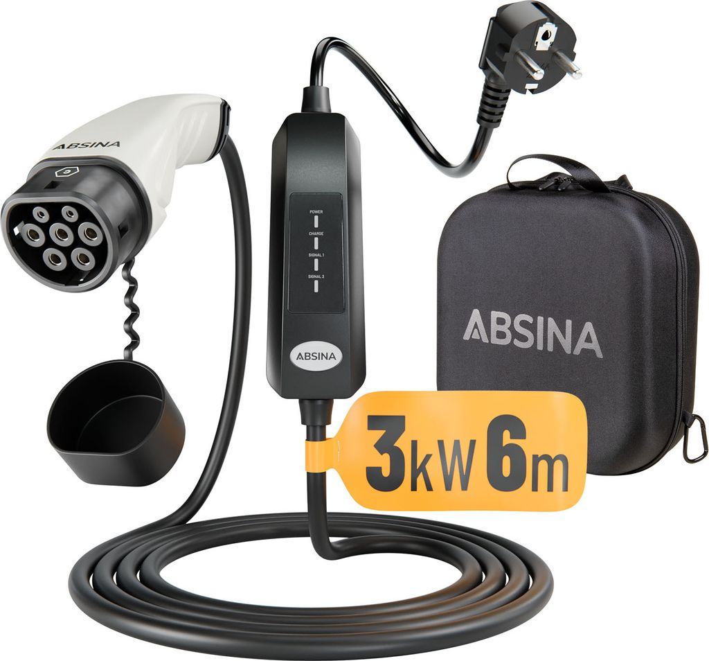 ABSINA Elektroauto Ladekabel Typ 2 Mode 2 Schuko - 6 Meter, 1-phasig, 3kW, 13A - zum Laden an Haushaltssteckdosen
