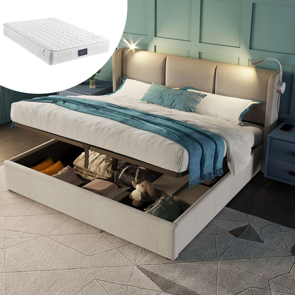 STILVORA Jugendbett 140x200cm Polsterbett mit USB Ladefunktion Kopfteil,Doppelbett mit Bettkasten,Stauraumbetten aus Leinenmaterial,Beige(mit Matra...