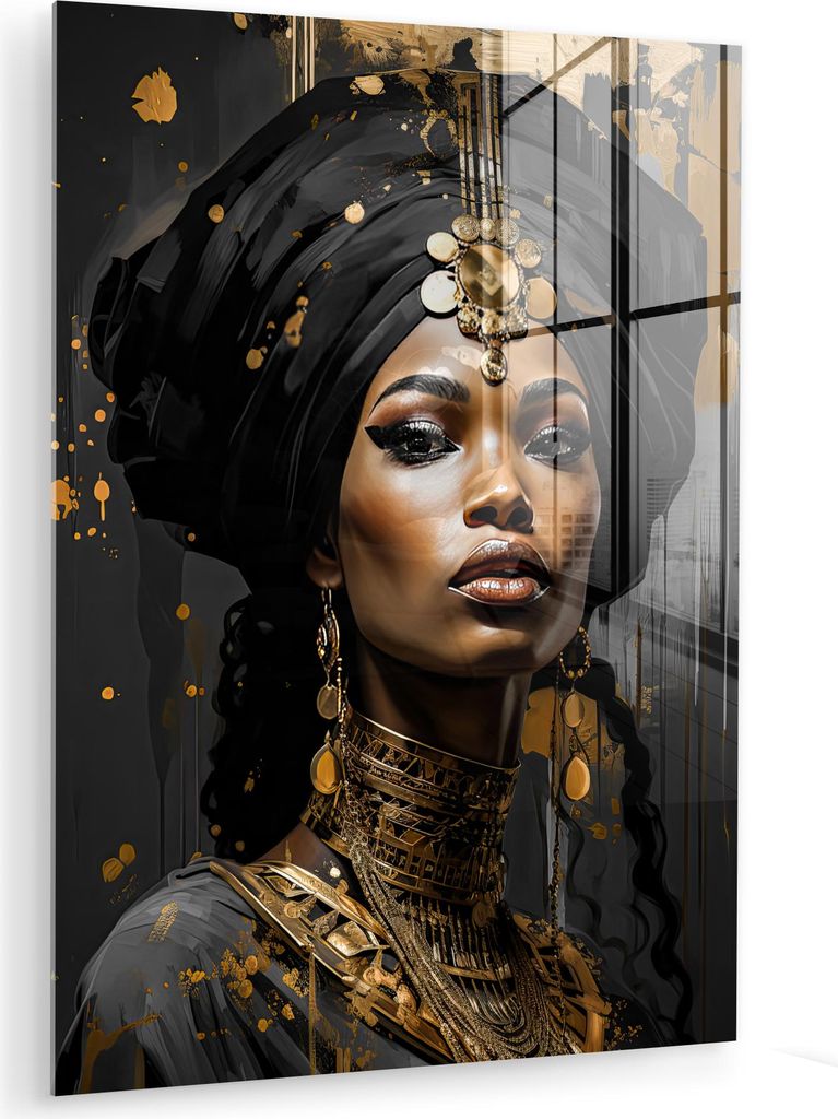 MuchoWow Glasbilder - Bilder auf Wandbild - Foto auf Glas Frau - Gold - Schwarz - Luxus - Porträt 30x40 cm Wanddekoration aus Glas - Acrylglasbild...