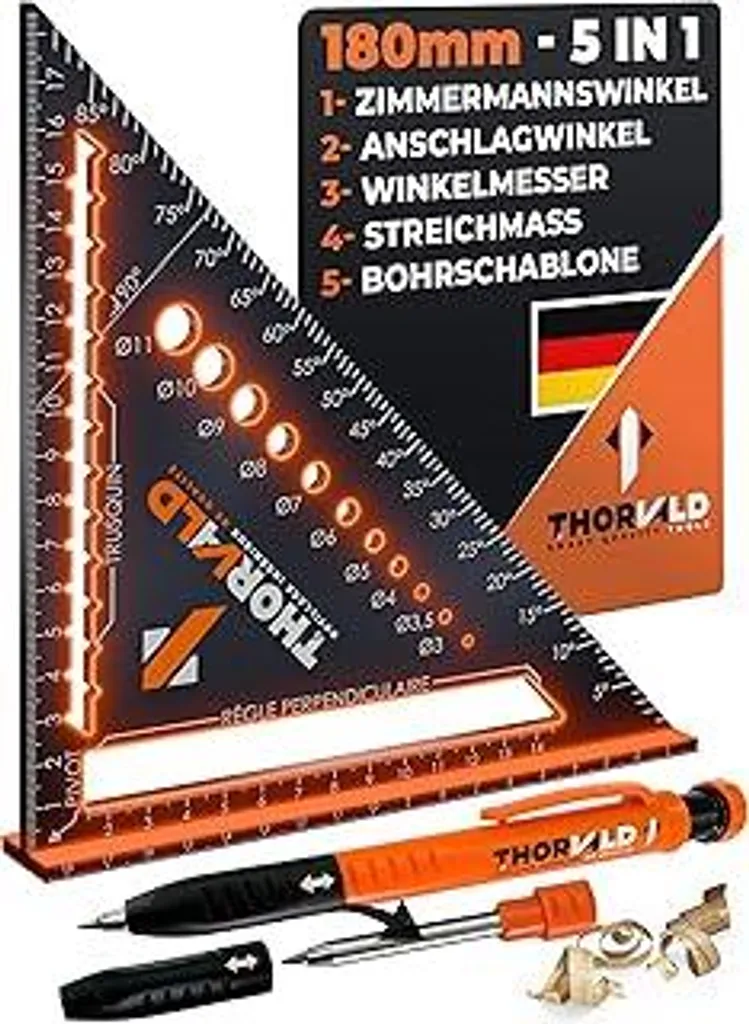 THORVALD Squadra da Carpentiere 5 in 1 Alluminio 180mm + Marcatore