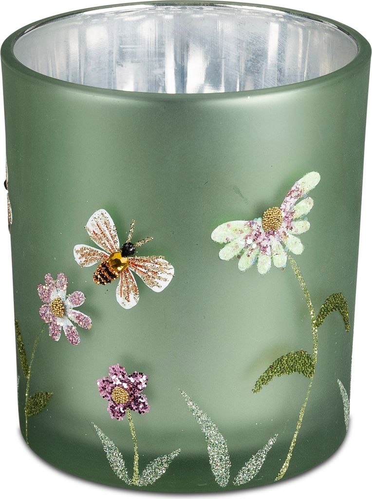 Deko Windlicht SOMMERWIESE H. 8 cm silber grün Glas Produktbild 