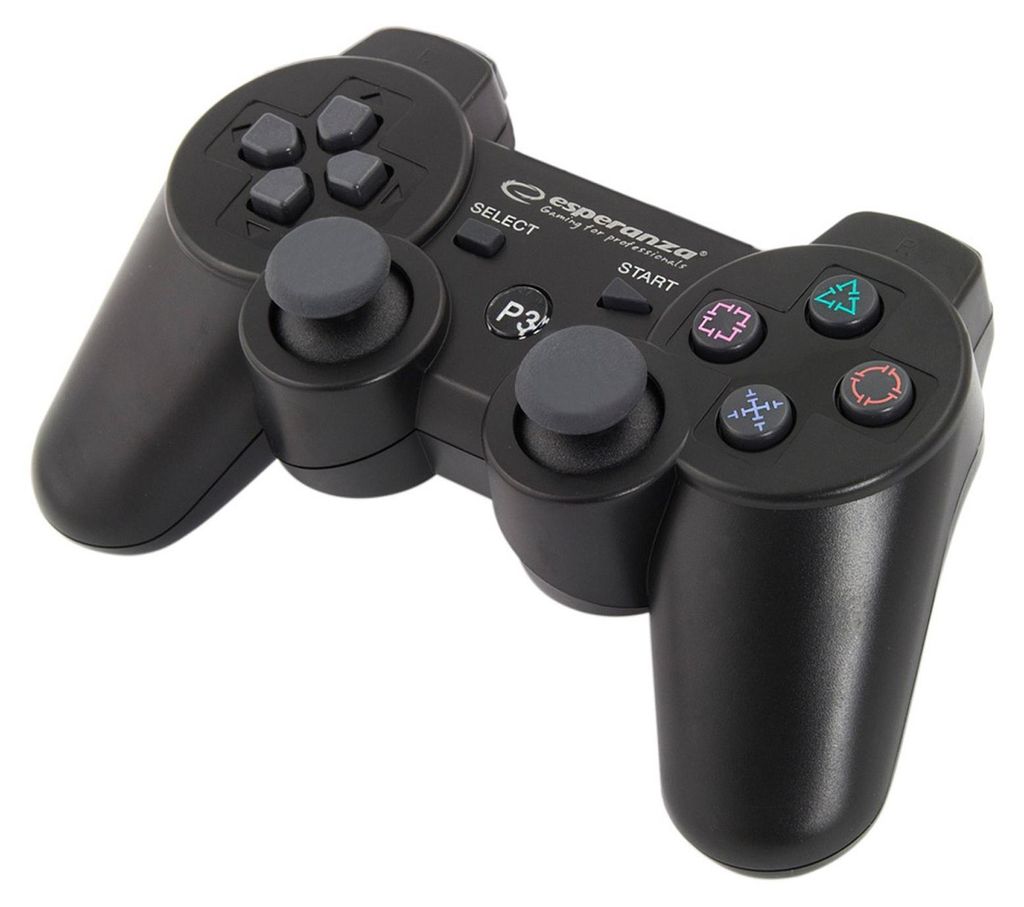 A black wireless gamepad is shown against a white background.
