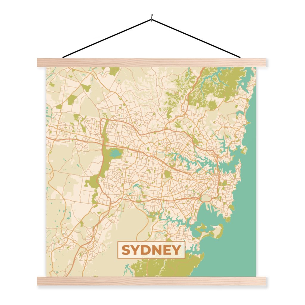 MuchoWow Textilposter Sydney - Vintage - Stadtplan - Karte 40x40 cm mit holzfarbenen Rahmen - Posterleiste
