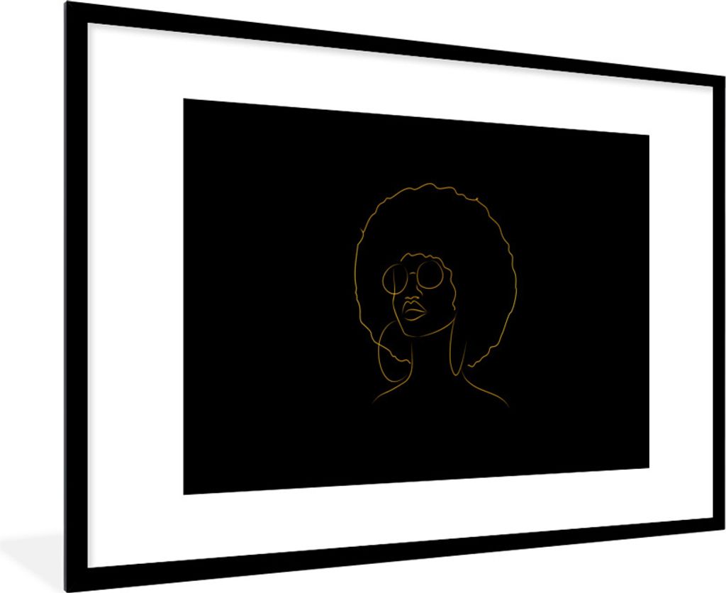 MuchoWow Gerahmtes Poster Frau - Sonnenbrille - Gold - Strichzeichnung 90x60 cm - Poster mit Schwarzem Bilderrahmen Wandposter Rahmen Foto Bilder...