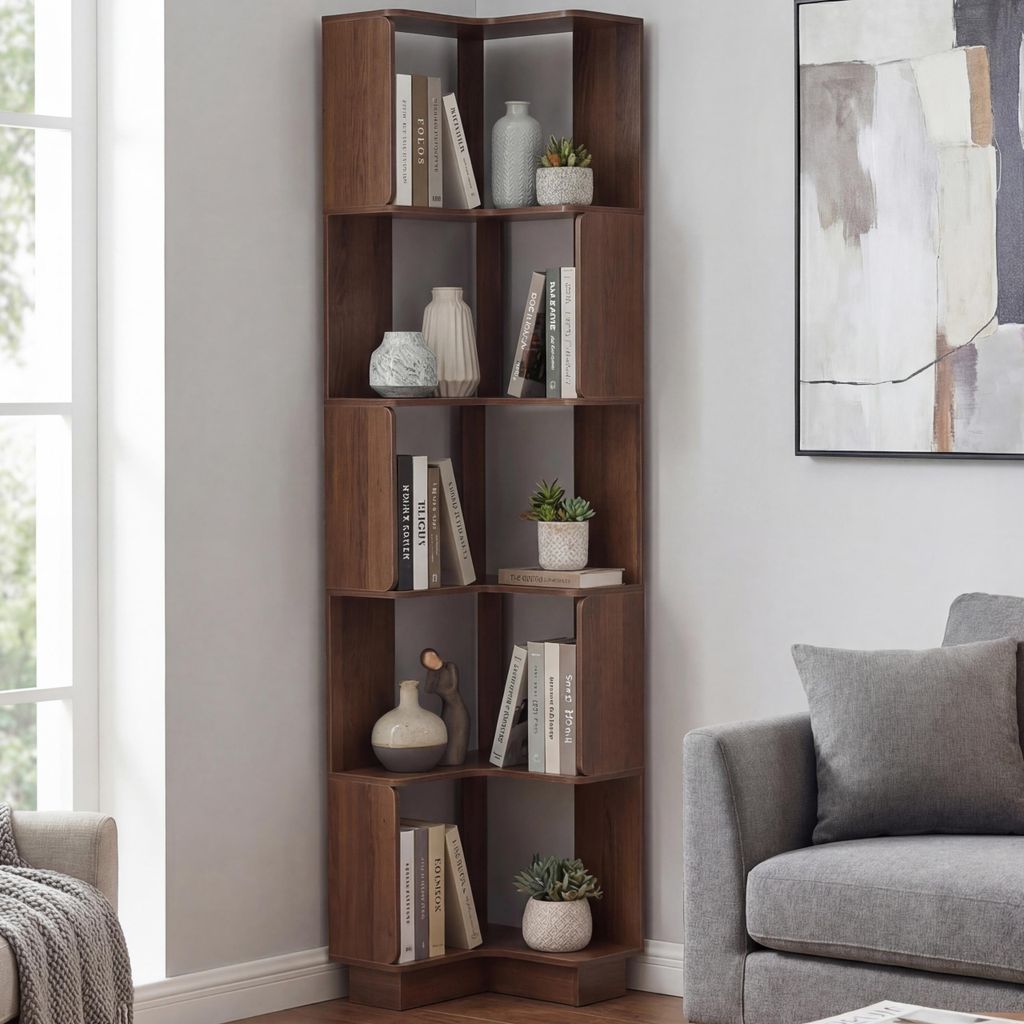 Eck-Bücherregal MCW-P53, Eckregal Standregal Wohnregal, 5 Ebenen MDF Melamin 175x40x40cm braun