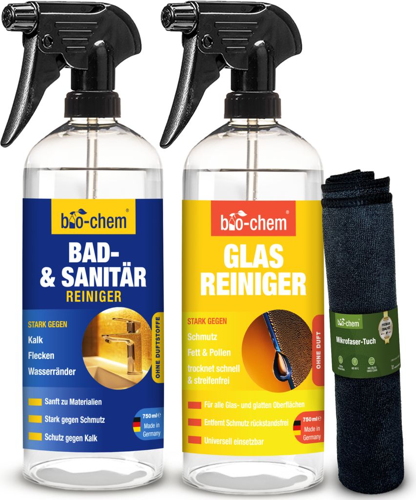 bio-chem Badreiniger BASIC-SET 3-teilig: Bad- und Sanitärreiniger 0,75 l + Glasreiniger 0,75 l inkl. Mikrofasertuch - WC- & Dusch-Reiniger gegen K...