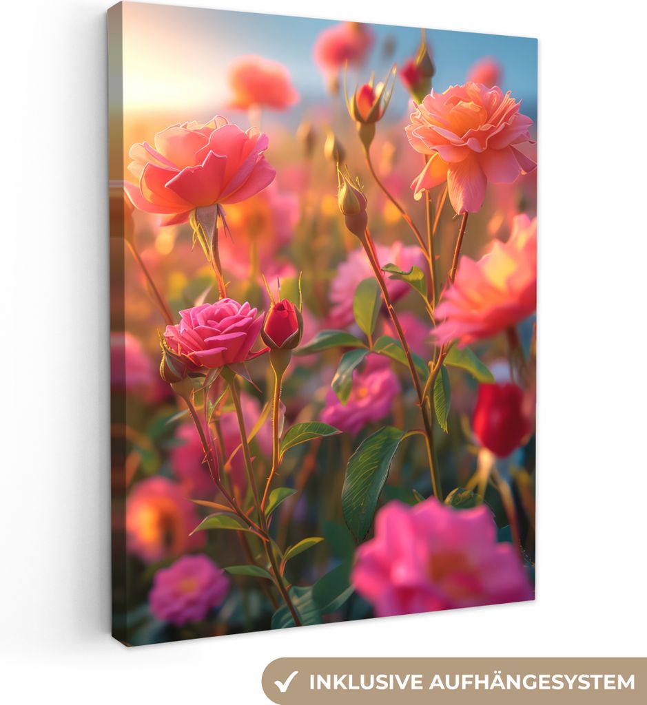 MuchoWow - Leinwandbilder - Blumen - Rosen - Natur - Rosa - Blume, Wandbild, Wanddeko Bilder Wohnzimmer, 60x80 cm