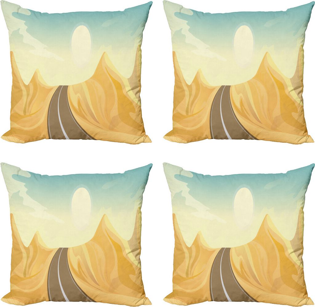 ABAKUHAUS Düne Kissenbezug Set (4 Stück), Road Adventure in Desert Hills, Moderner Doppelseitiger Digitaldruck, 40 cm x 40 cm, Pastell Brown Mult...