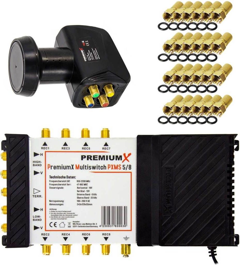 PremiumX Multischalter Set 5/8 Multiswitch SAT Quattro LNB 24x F-Stecker