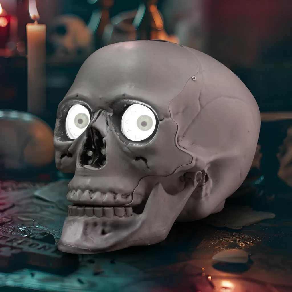 Crâne Halloween interactif avec yeux mobiles clignotants et design LED