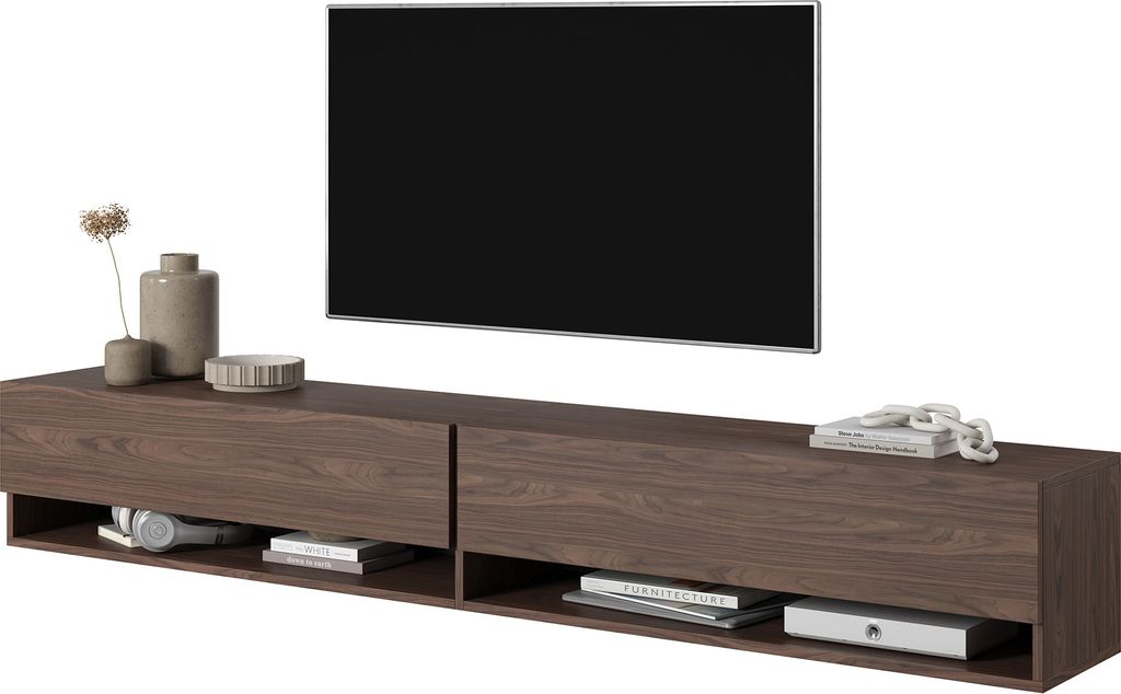 A modern TV stand with a wall-mounted television above it.