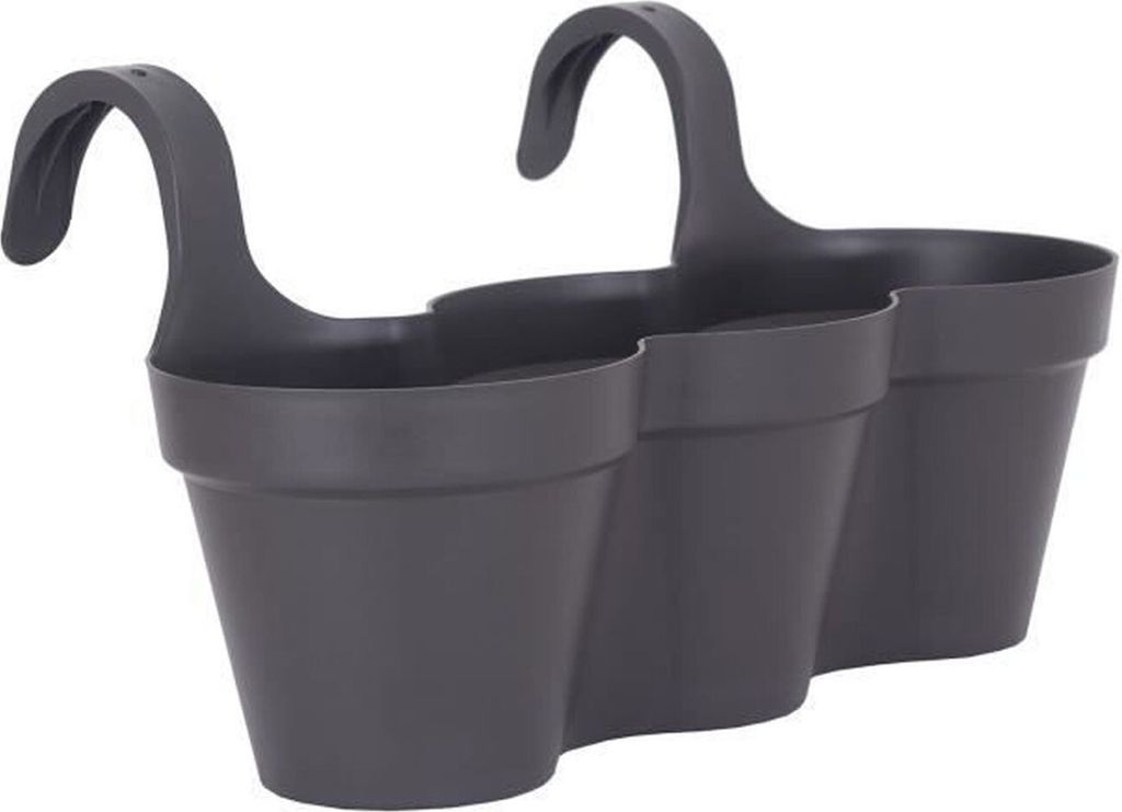 A dark gray, three-pot hanging planter.