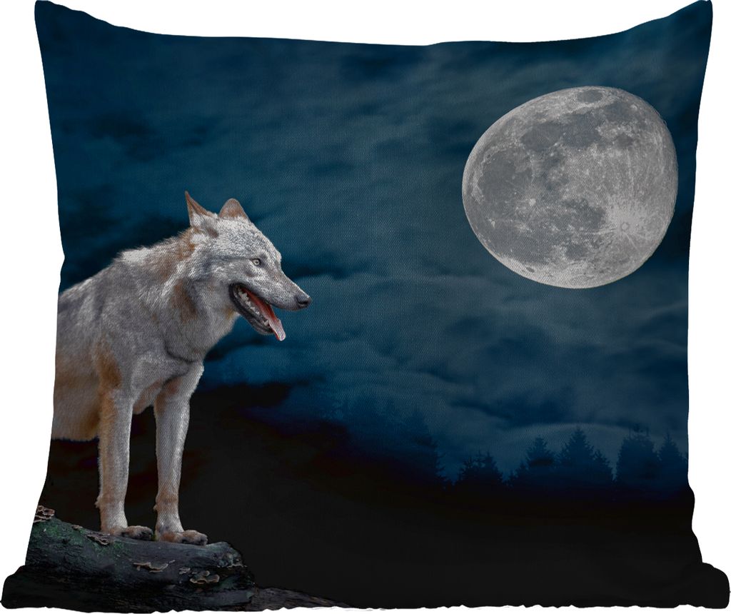 MuchoWow Outdoor Kissen - Wolf - Mond - Nacht - Tiere - Porträt - 60x60 cm - Wetterfest - Lounge Kissen - Dekoration - Schlaf Kissen